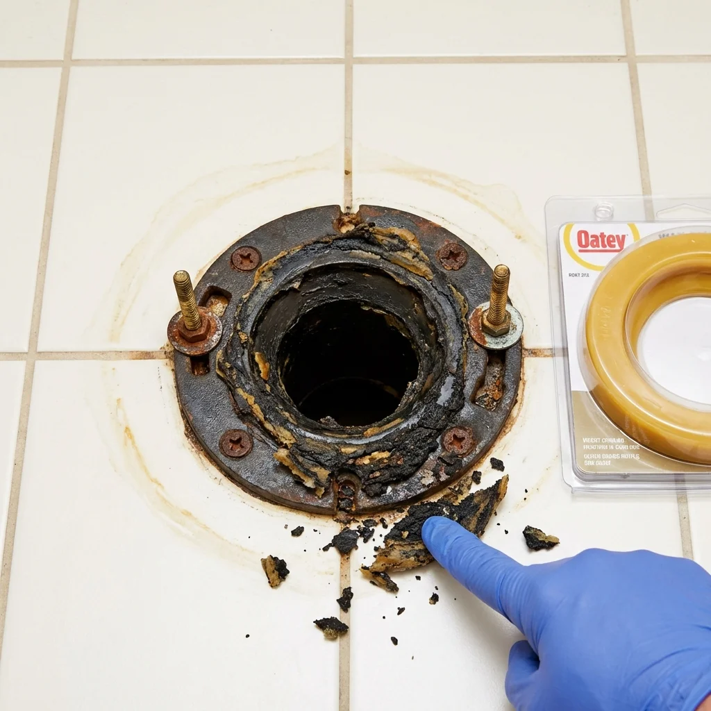 Failed wax ring showing water seepage at the base of a toilet in a Wyoming, MN home